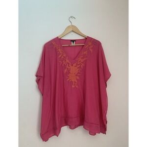 Talbots Boho Kaftan Coverup Sz M Hot Pink Coral Embroidered Resort Cotton blend